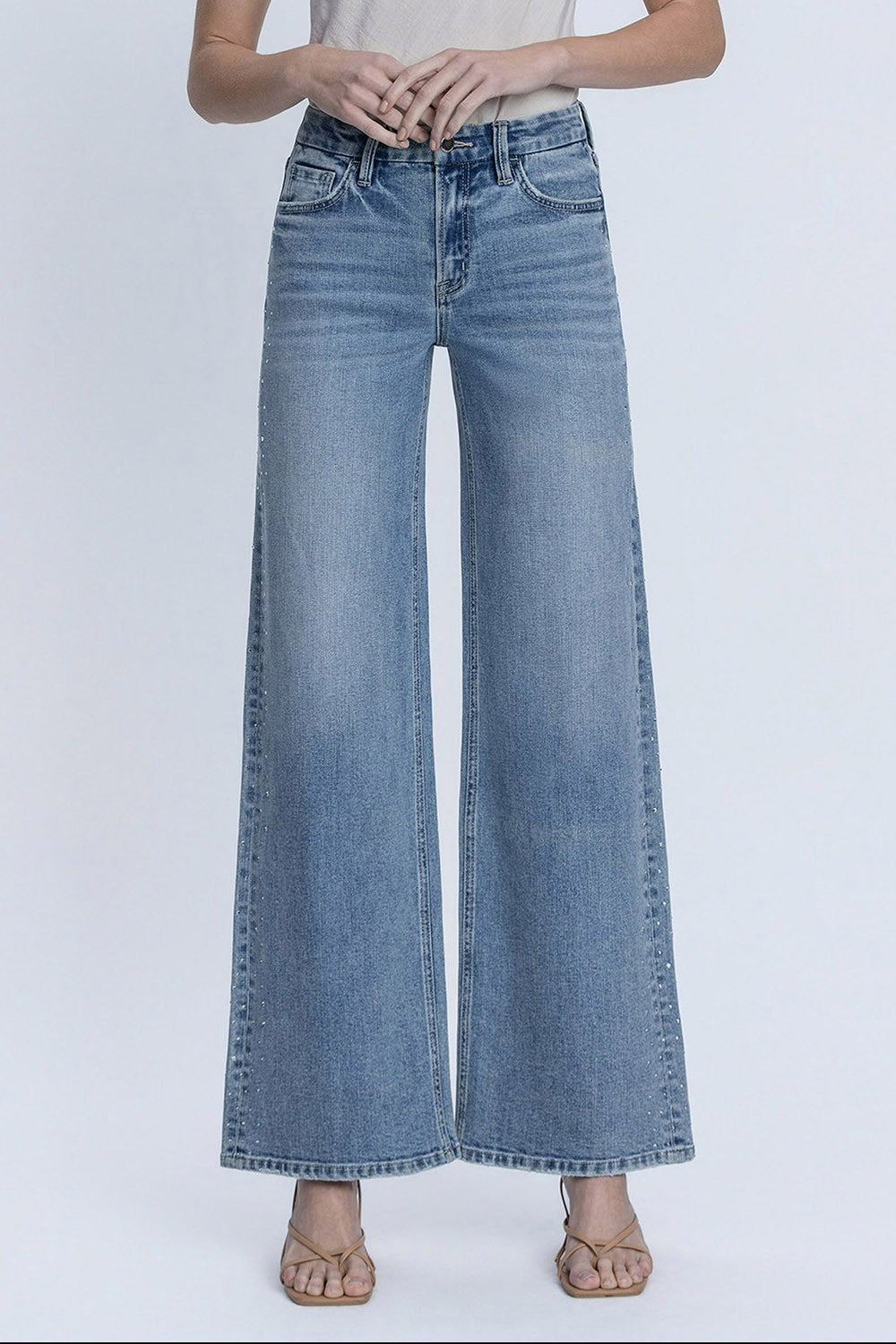 Flying Monkey High Rise Hotfix Stone Wide Leg Jeans – Glow Wash-Jeans-Flying Monkey-Deja Nu Boutique, Women's Fashion Boutique in Lampasas, Texas