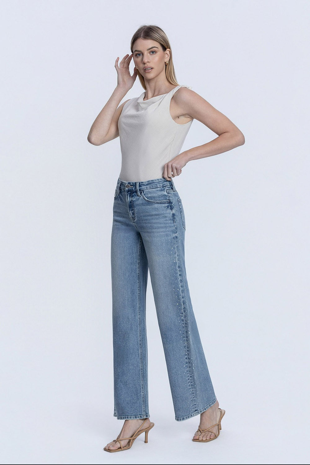 Flying Monkey High Rise Hotfix Stone Wide Leg Jeans – Glow Wash-Jeans-Flying Monkey-Deja Nu Boutique, Women's Fashion Boutique in Lampasas, Texas