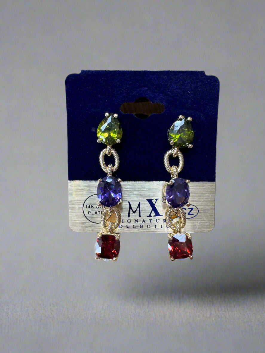 Fossick Three Multi Stone Dangle Gold Earring-Earrings-Fossick-Deja Nu Boutique, Women's Fashion Boutique in Lampasas, Texas