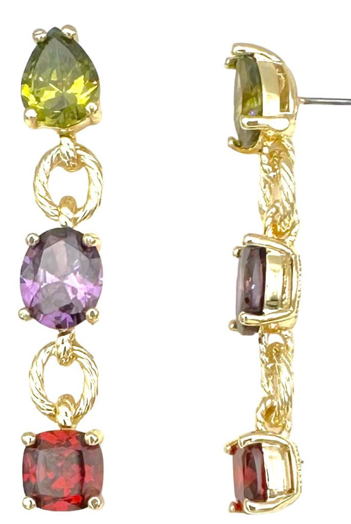 Fossick Three Multi Stone Dangle Gold Earring-Earrings-Fossick-Deja Nu Boutique, Women's Fashion Boutique in Lampasas, Texas