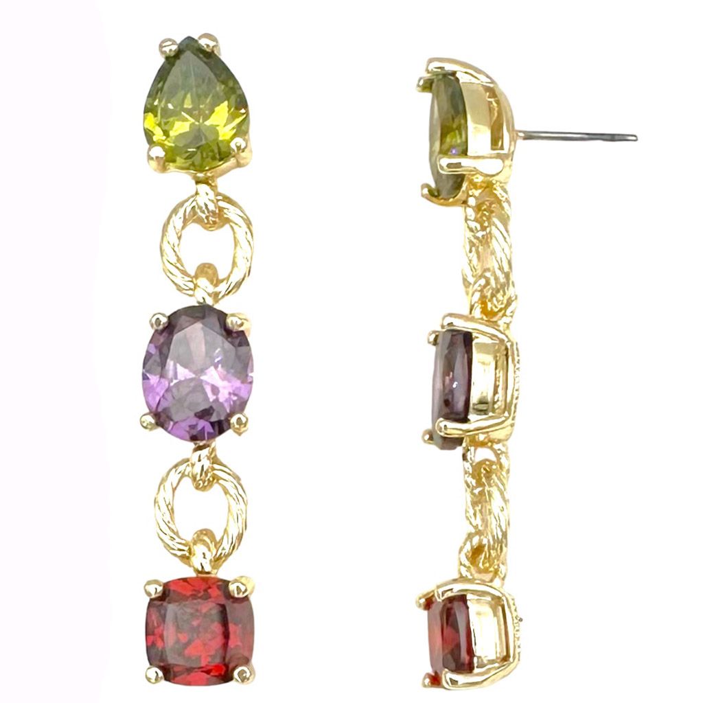 Fossick Three Multi Stone Dangle Gold Earring-Earrings-Fossick-Deja Nu Boutique, Women's Fashion Boutique in Lampasas, Texas