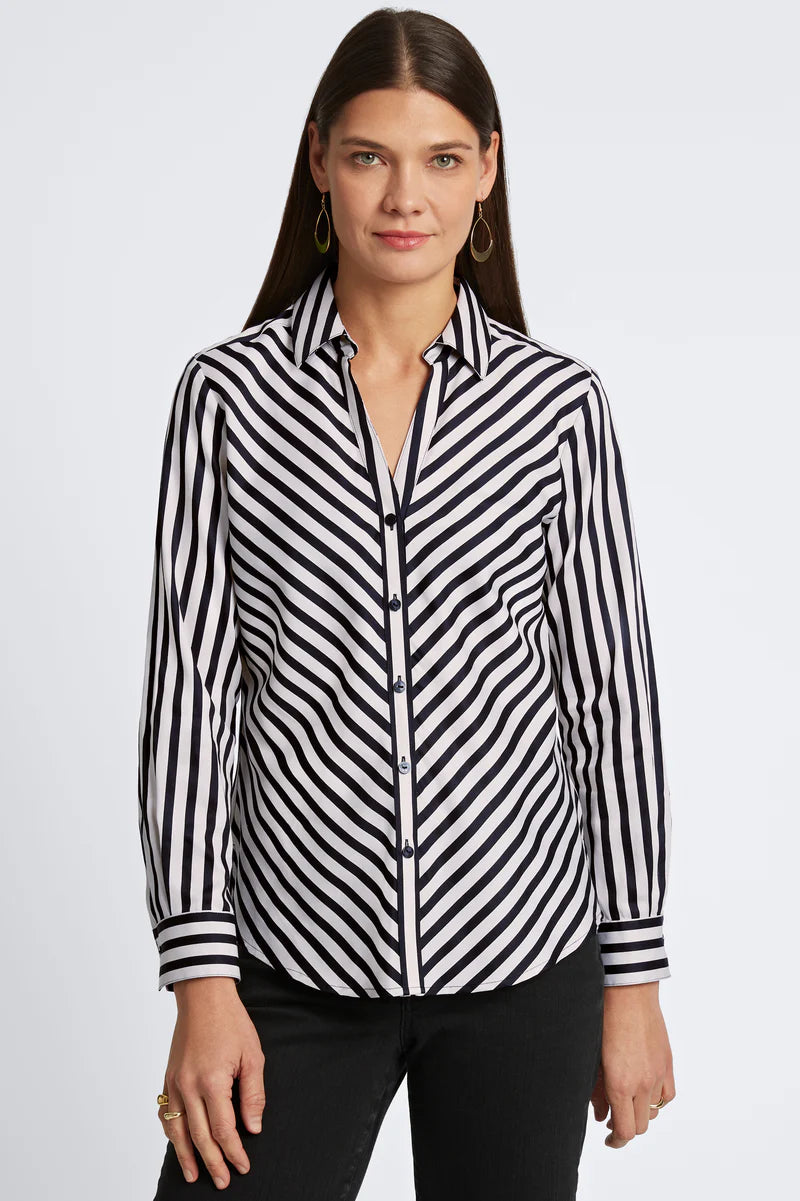 Foxcroft Mary Essential Stretch No Iron Stripe & Gingham Shirt-shirts-Fox Croft-Deja Nu Boutique, Women's Fashion Boutique in Lampasas, Texas