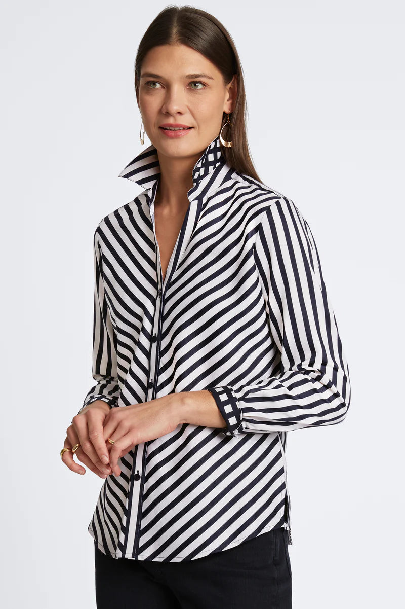 Foxcroft Mary Essential Stretch No Iron Stripe & Gingham Shirt-shirts-Fox Croft-Deja Nu Boutique, Women's Fashion Boutique in Lampasas, Texas