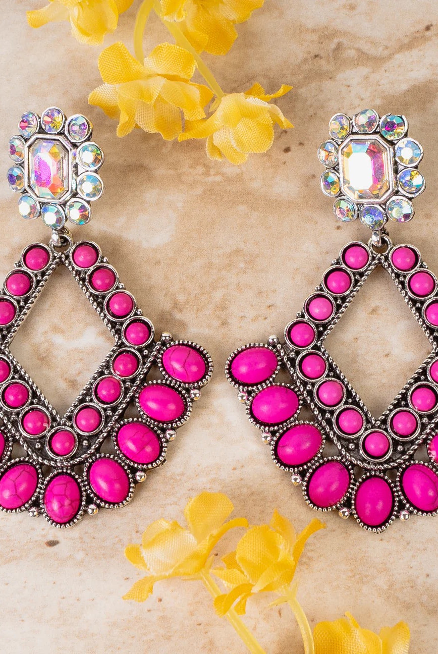 Fuchsia And AB Crystal Boho Statement Earrings-Earrings-Deja Nu Tx-Deja Nu Boutique, Women's Fashion Boutique in Lampasas, Texas