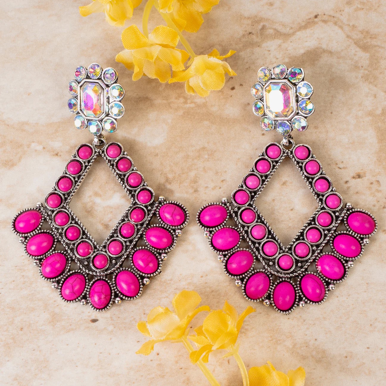 Fuchsia And AB Crystal Boho Statement Earrings-Earrings-Deja Nu Tx-Deja Nu Boutique, Women's Fashion Boutique in Lampasas, Texas