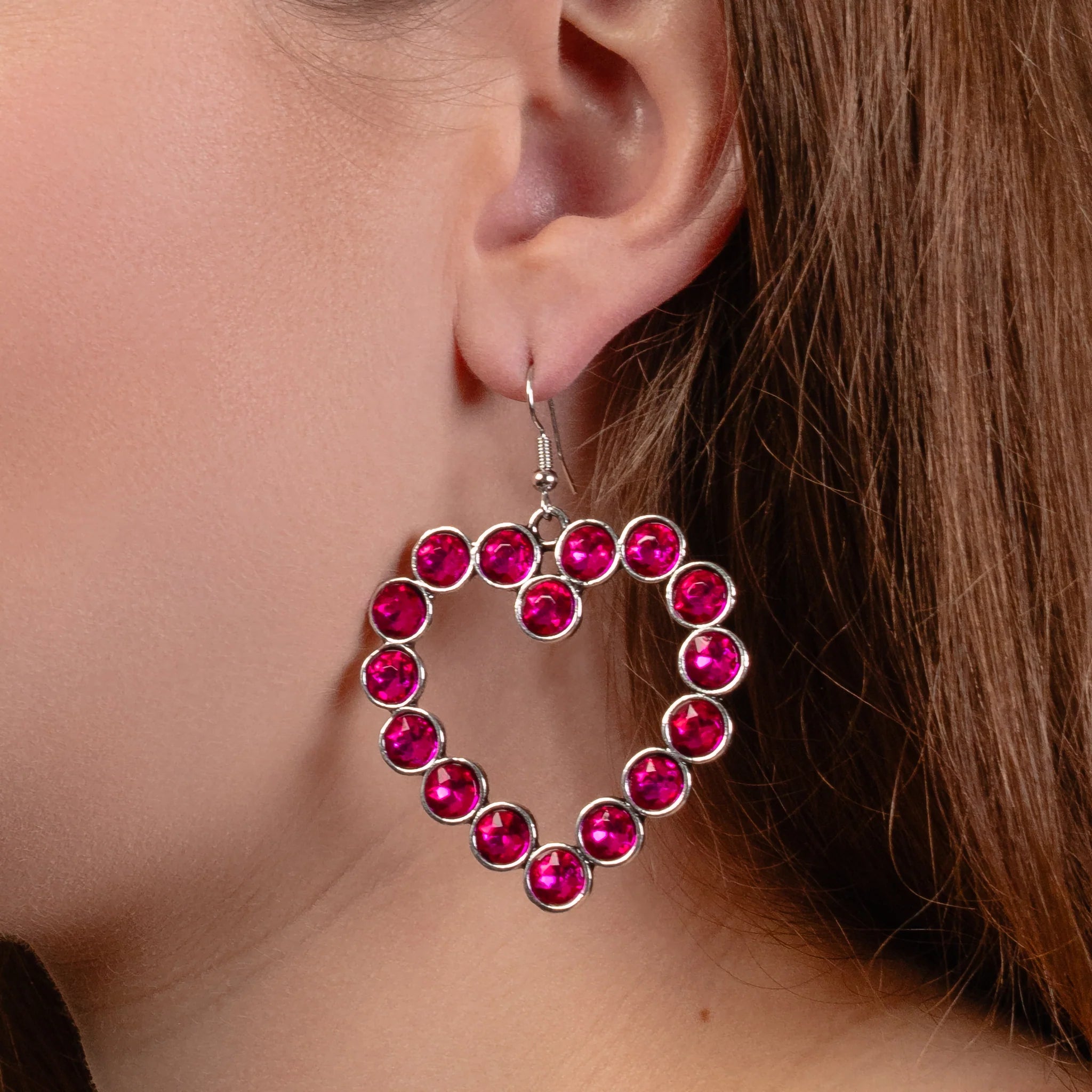 Fuchsia Crystal Heart Dangle Earrings-Earrings-Deja Nu Tx-Deja Nu Boutique, Women's Fashion Boutique in Lampasas, Texas
