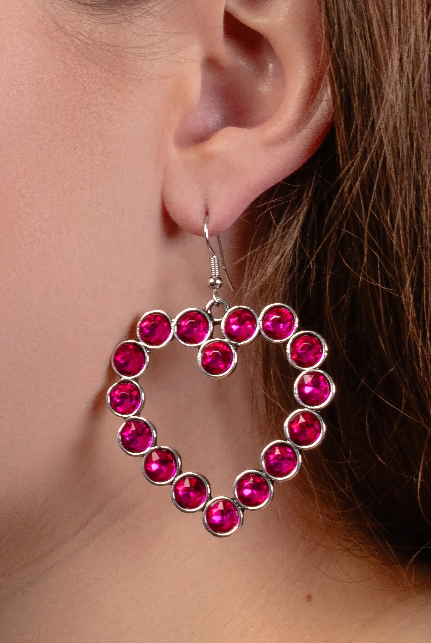 Fuchsia Crystal Heart Dangle Earrings-Earrings-Deja Nu Tx-Deja Nu Boutique, Women's Fashion Boutique in Lampasas, Texas