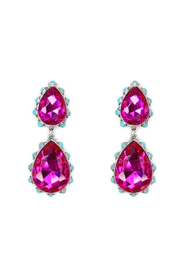 Fuchsia Rhinestone Double Teardrop Earring Surrounded By Turquoise Stones-Earrings-Deja Nu-Deja Nu Boutique, Women's Fashion Boutique in Lampasas, Texas