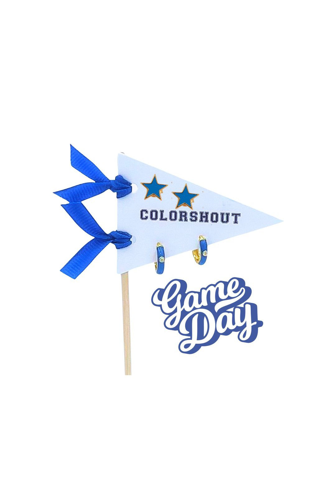 Game Day: Pennant Pair- Team Color Huggie Hoops + Star Stud Earrings On Pennant Flag In Royal Blue-Earrings-Color Shout-Deja Nu Boutique, Women's Fashion Boutique in Lampasas, Texas
