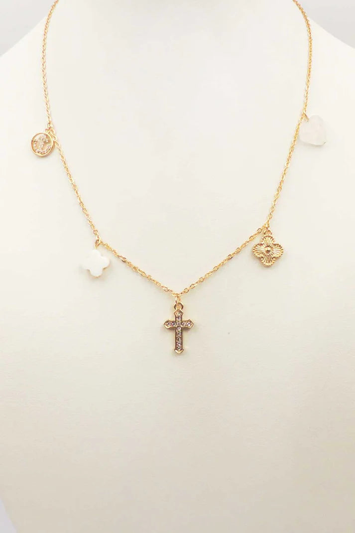 Gold Clover, Cross, and Heart Charm 16"-18" Necklace-Necklaces-Deja Nu Tx-Deja Nu Boutique, Women's Fashion Boutique in Lampasas, Texas
