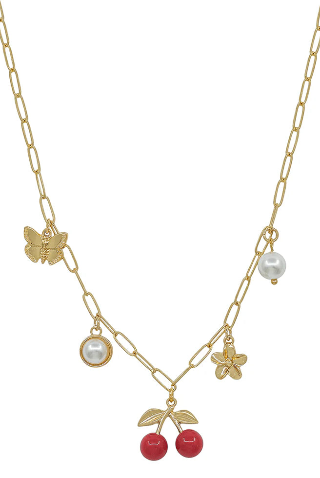 🍒 Golden Cherry Charm Necklace with Butterfly & Pearl Accents-Necklaces-Deja Nu Tx-Deja Nu Boutique, Women's Fashion Boutique in Lampasas, Texas