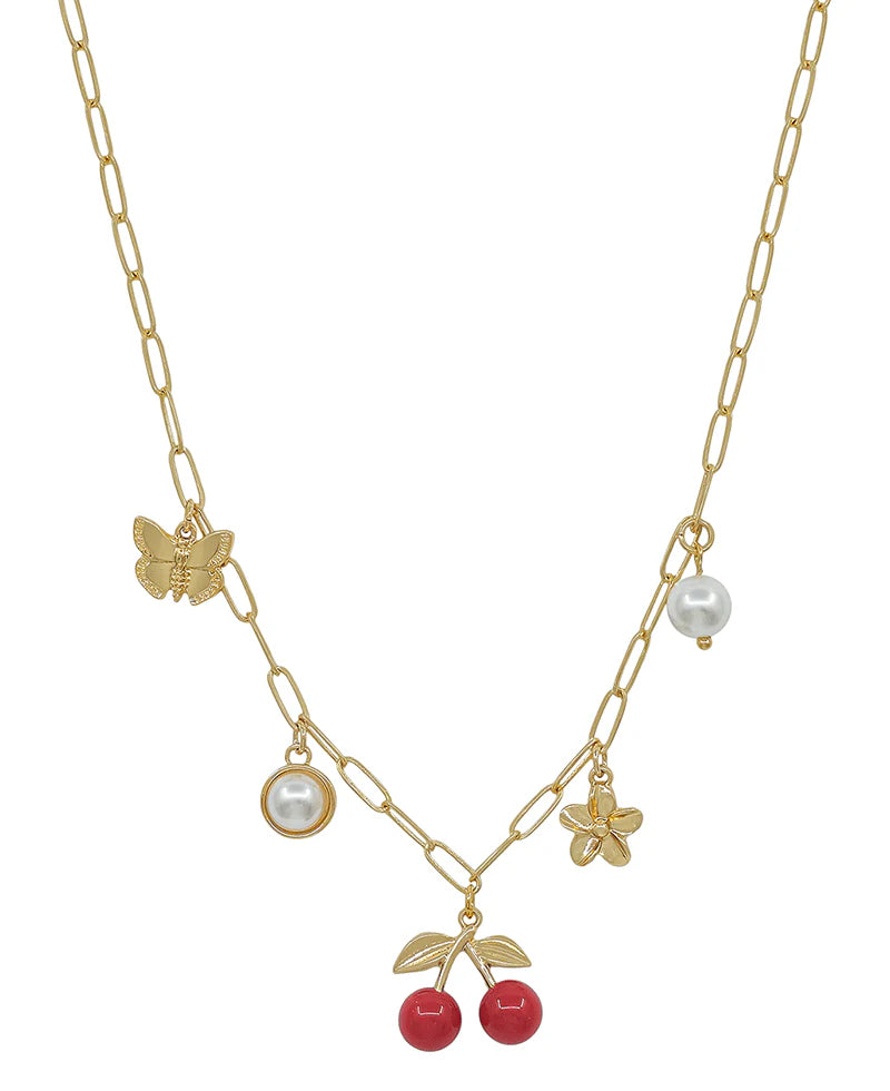 🍒 Golden Cherry Charm Necklace with Butterfly & Pearl Accents-Necklaces-Deja Nu Tx-Deja Nu Boutique, Women's Fashion Boutique in Lampasas, Texas
