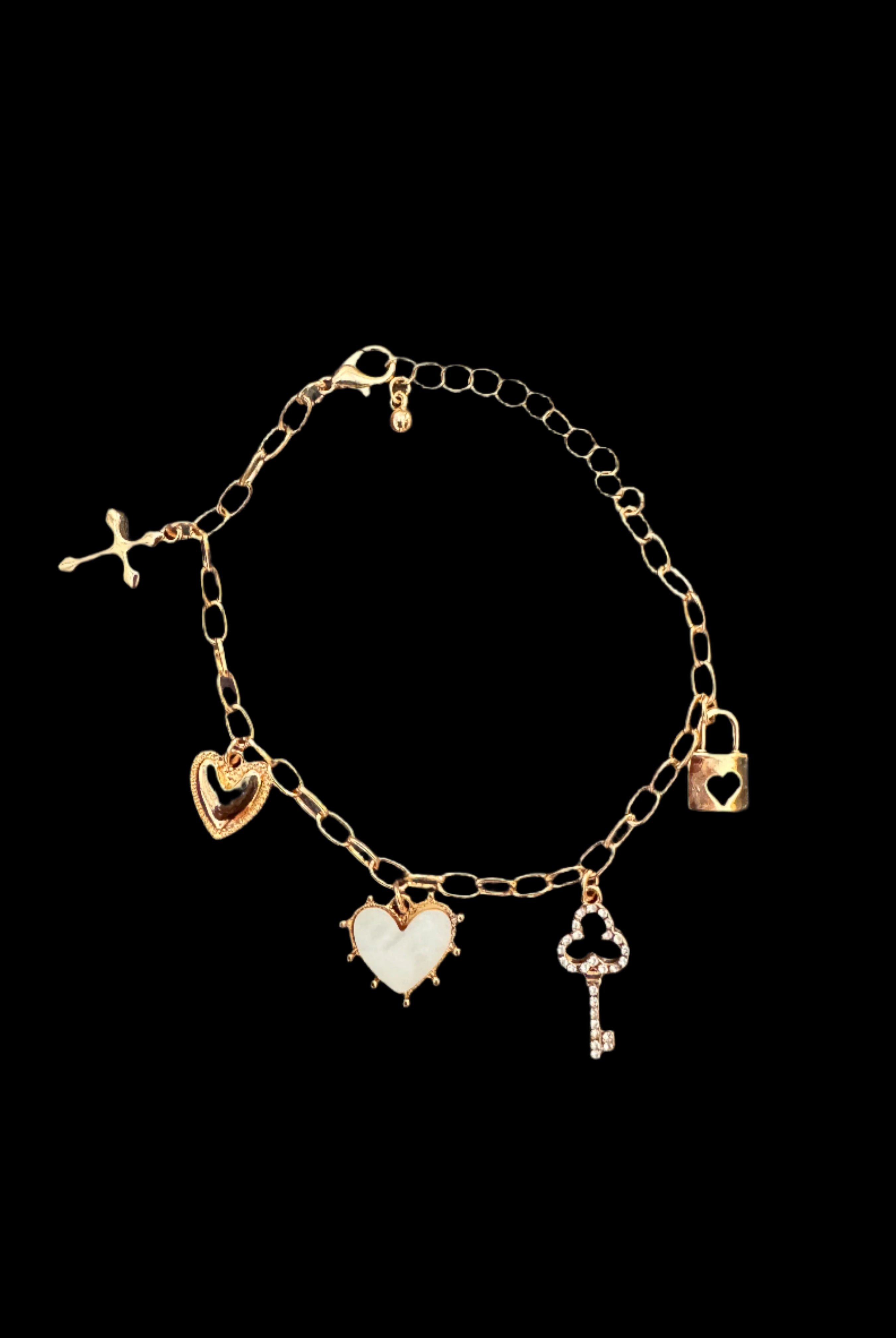Golden Love Lock Charm Bracelet – Heart, Key & Cross-Bracelets-Deja Nu Tx-Deja Nu Boutique, Women's Fashion Boutique in Lampasas, Texas