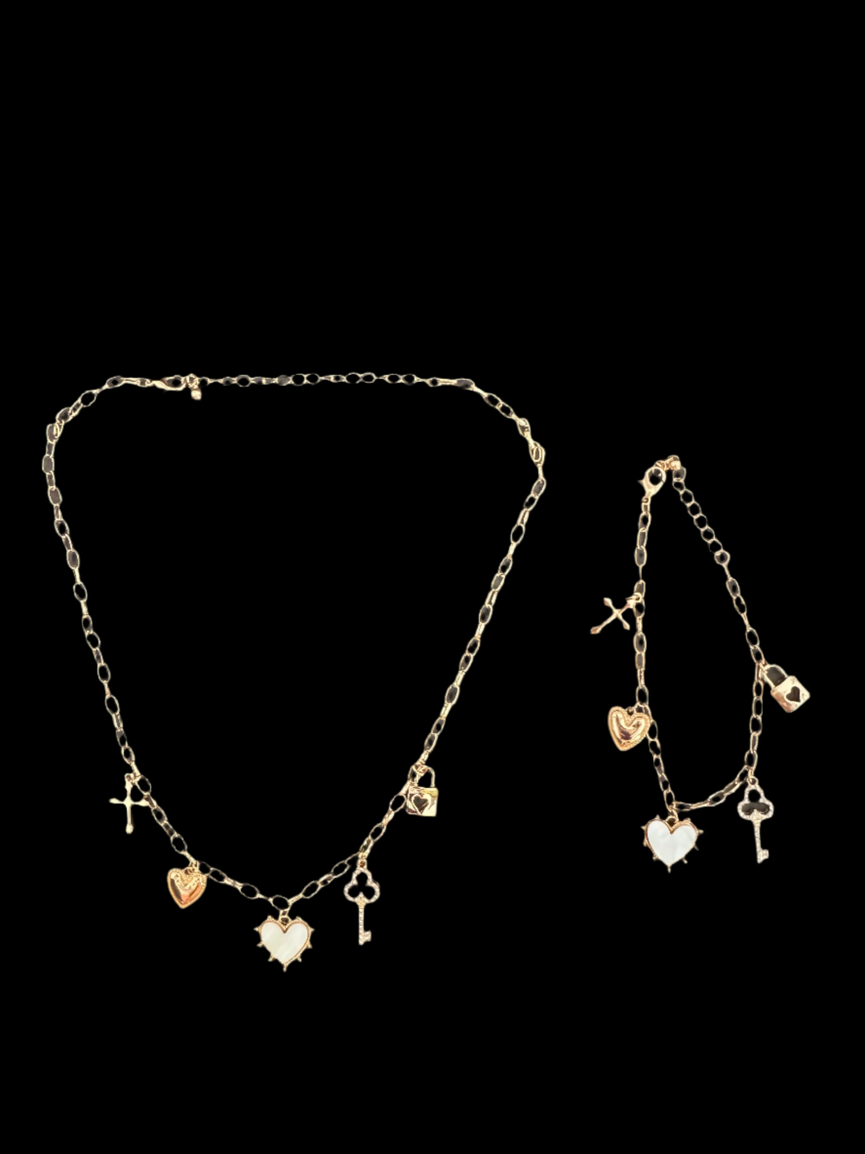 Golden Love Lock Charm Necklace – Heart, Key & Cross-Necklaces-Deja Nu Tx-Deja Nu Boutique, Women's Fashion Boutique in Lampasas, Texas