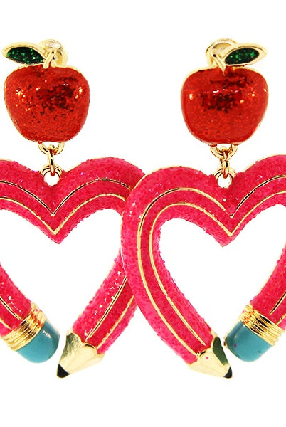Heart Pencil Enamel Earrings with Red Apple Stud In Bright Yellow Or Hot Pink-Earrings-Deja Nu Tx-Deja Nu Boutique, Women's Fashion Boutique in Lampasas, Texas