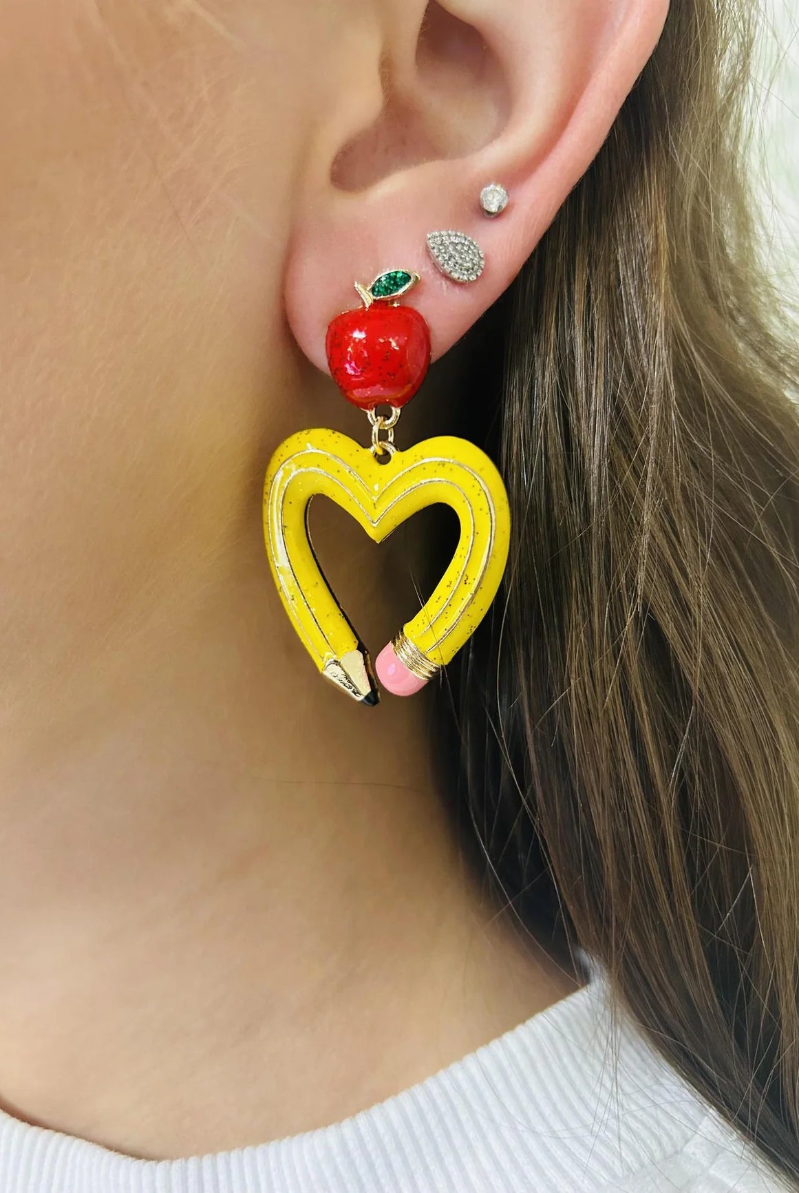 Heart Pencil Enamel Earrings with Red Apple Stud In Bright Yellow Or Hot Pink-Earrings-Deja Nu Tx-Deja Nu Boutique, Women's Fashion Boutique in Lampasas, Texas