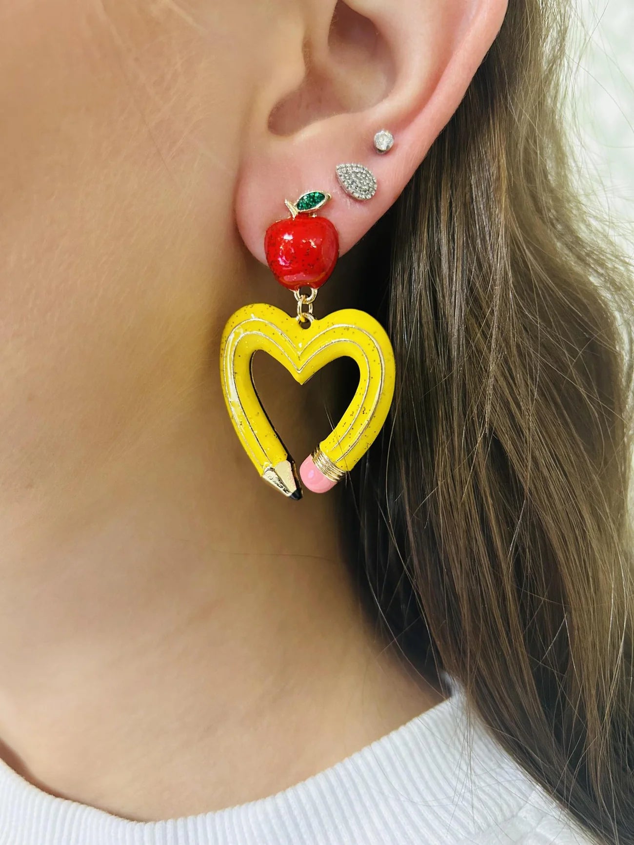 Heart Pencil Enamel Earrings with Red Apple Stud In Bright Yellow Or Hot Pink-Earrings-Deja Nu Tx-Deja Nu Boutique, Women's Fashion Boutique in Lampasas, Texas