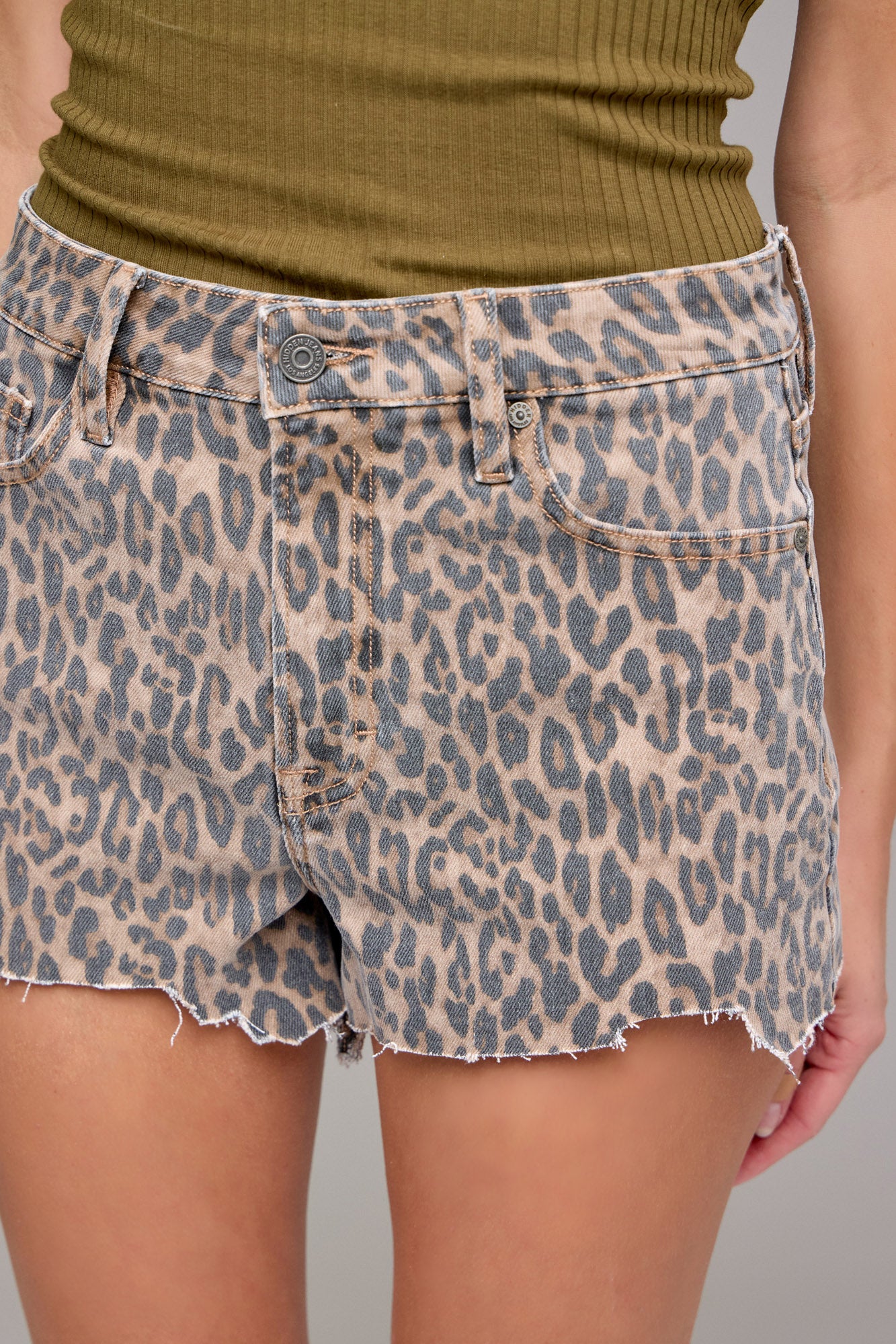 Hidden Jeans Cheetah Print Jagged Hem Shorts – 3" Inseam-Shorts-Hidden-Deja Nu Boutique, Women's Fashion Boutique in Lampasas, Texas