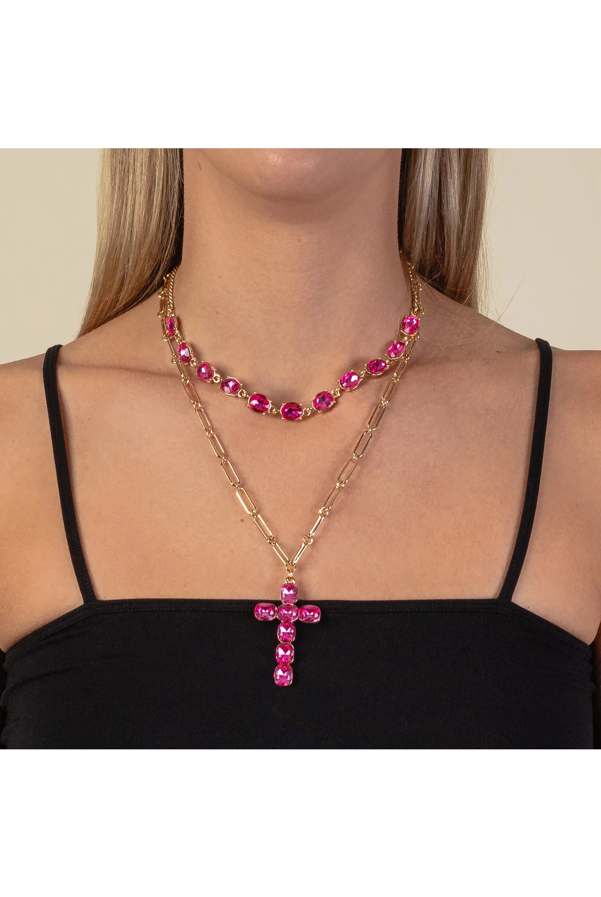 Hot Pink Crystal Cross Layered Cross Necklace With Gold Chains-Necklaces-Deja Nu-Deja Nu Boutique, Women's Fashion Boutique in Lampasas, Texas