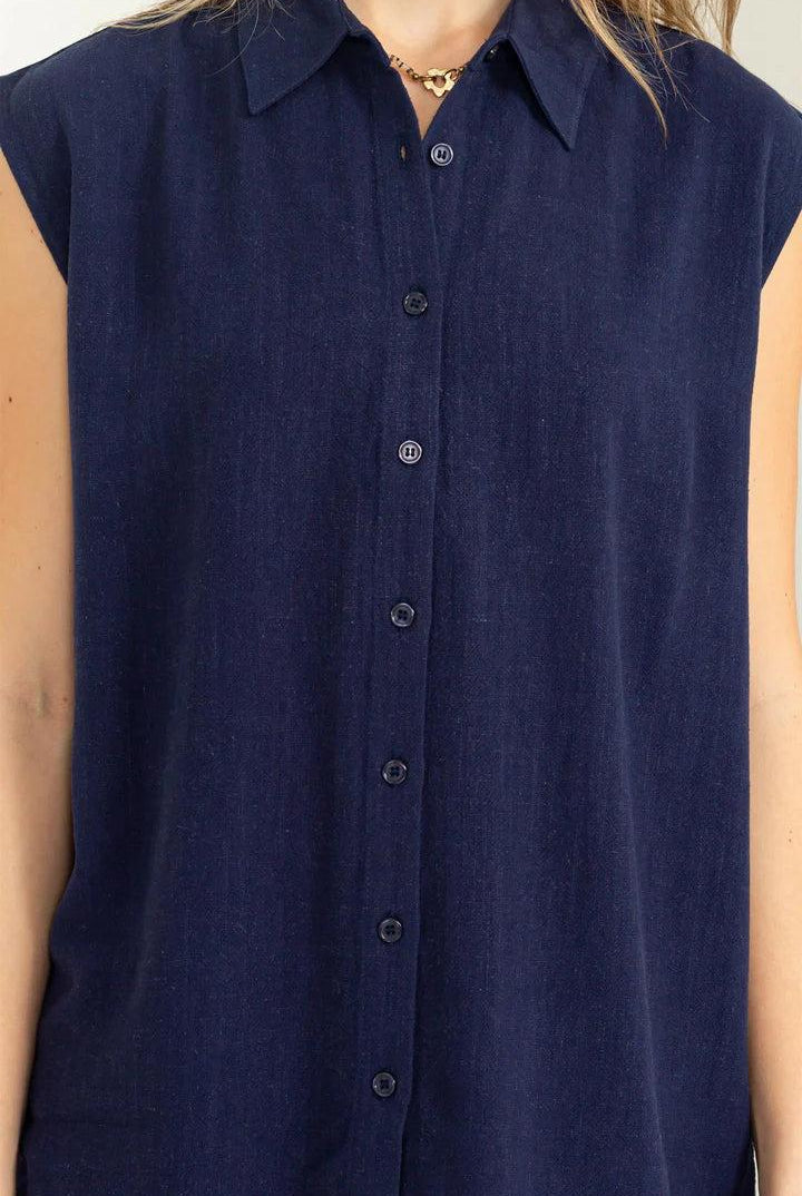 Hyfve Daytime Darling Linen Button Up Sleeveless Shirt In Dark Night-Camis/Tanks-Hyfve-Deja Nu Boutique, Women's Fashion Boutique in Lampasas, Texas