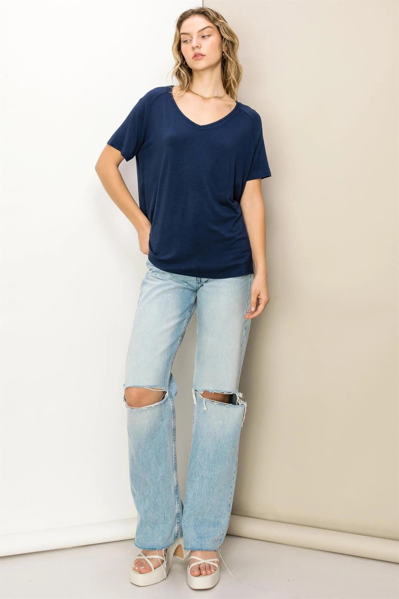 Hyfve Double Zero Always Late Oversized V-Neck Tee In Dark Night-Short Sleeves-Hyfve-Deja Nu Boutique, Women's Fashion Boutique in Lampasas, Texas