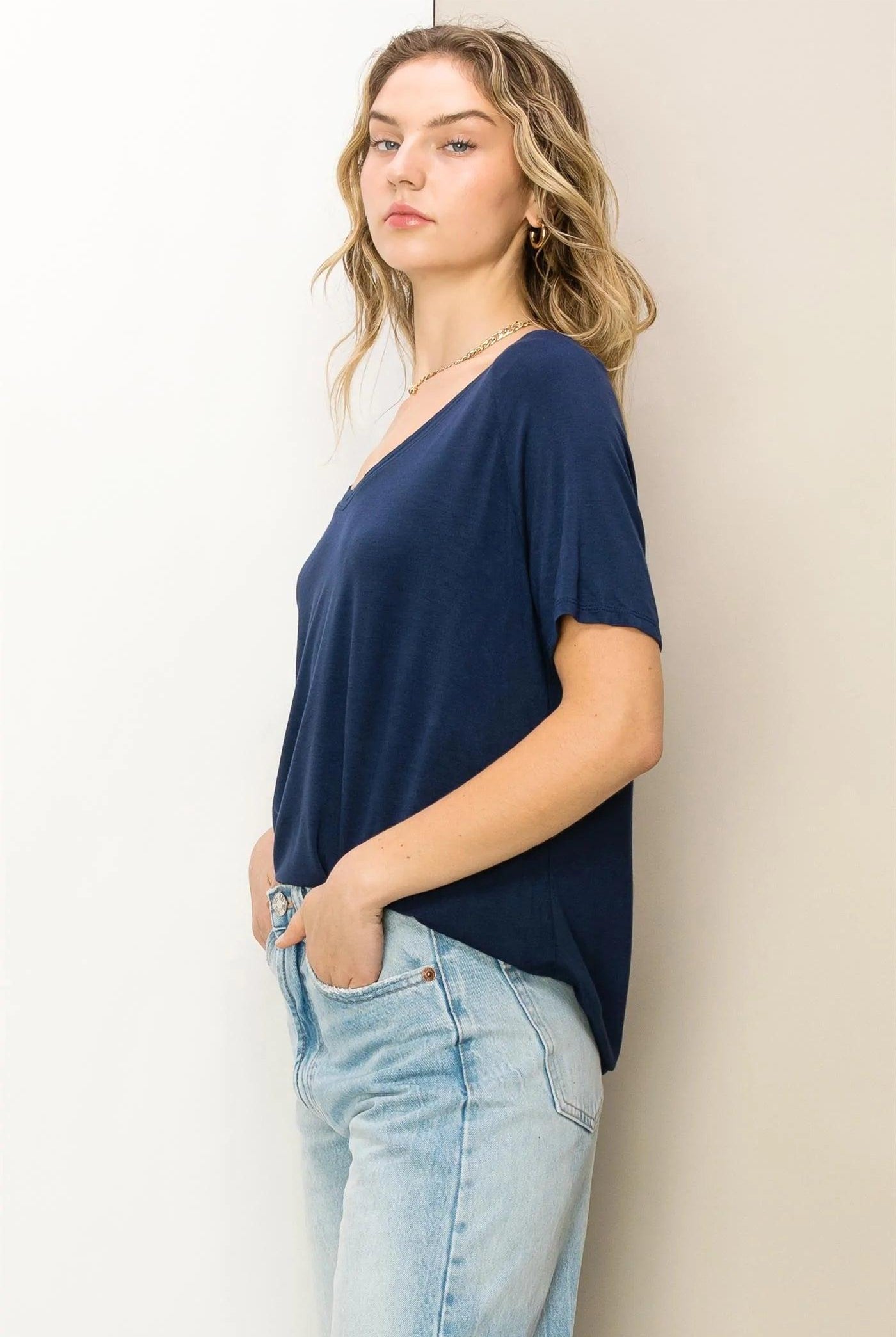 Hyfve Double Zero Always Late Oversized V-Neck Tee In Dark Night-Short Sleeves-Hyfve-Deja Nu Boutique, Women's Fashion Boutique in Lampasas, Texas