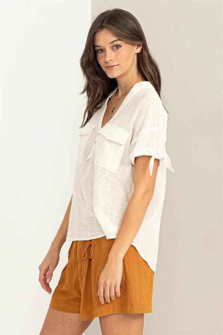 Hyfve Double Zero Always Ready Short-Sleeve Button-Front Top In Off White-Short Sleeves-Hyfve-Deja Nu Boutique, Women's Fashion Boutique in Lampasas, Texas