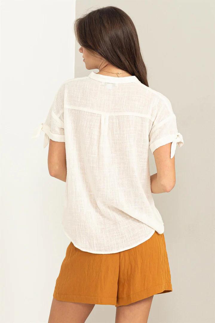 Hyfve Double Zero Always Ready Short-Sleeve Button-Front Top In Off White-Short Sleeves-Hyfve-Deja Nu Boutique, Women's Fashion Boutique in Lampasas, Texas