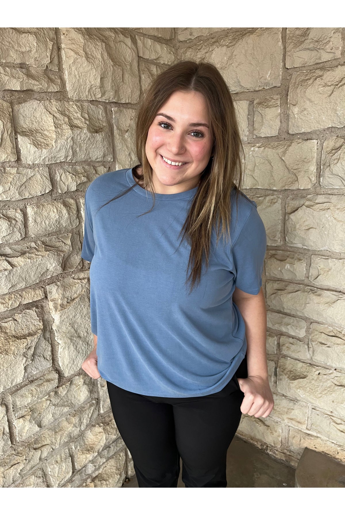 Hyfve Double Zero Crew Neck Short Sleeve Top In Grey Blue-Tops-Hyfve-Deja Nu Boutique, Women's Fashion Boutique in Lampasas, Texas