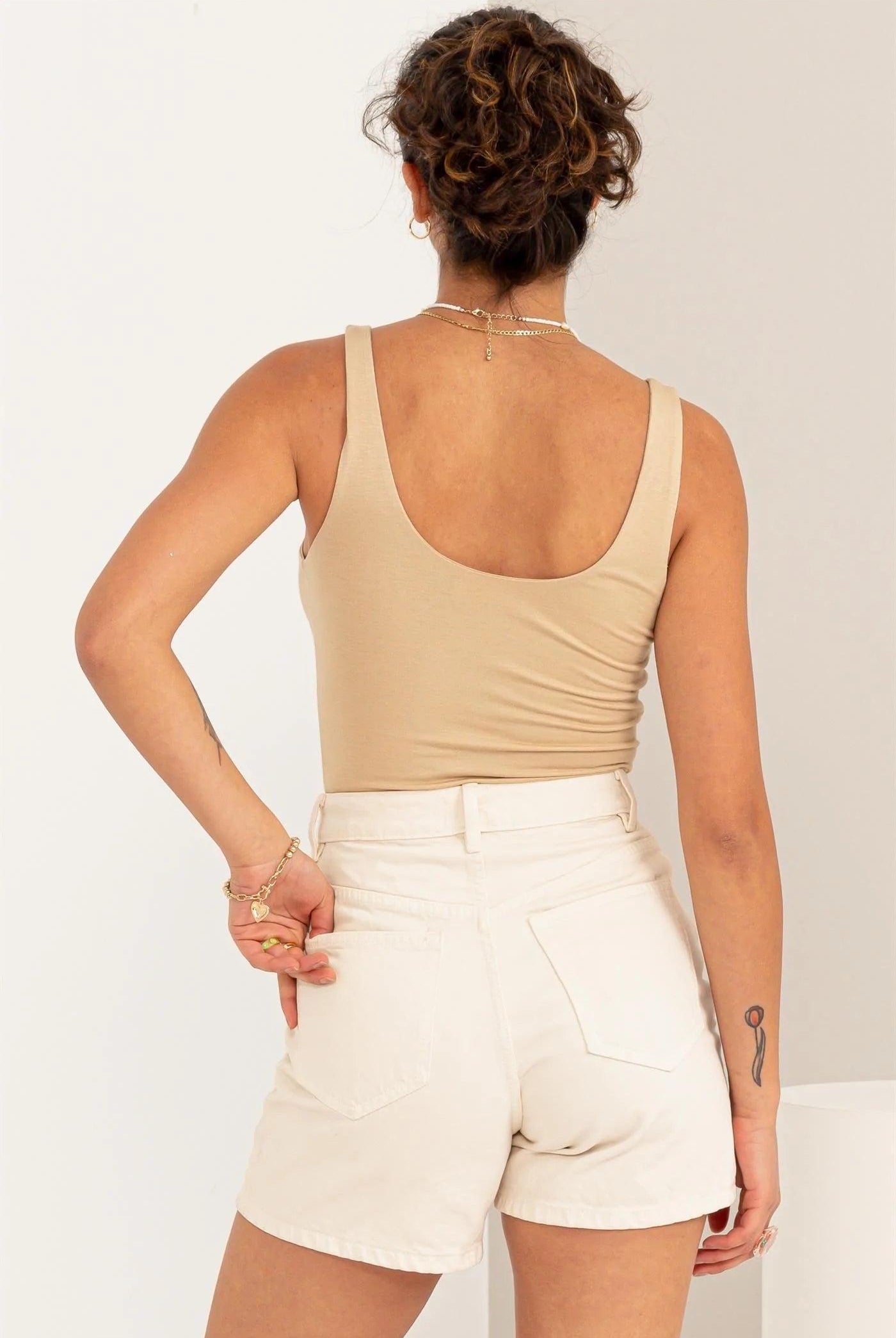 Hyfve Double Zero Hearts Align Scoop Neck Tank Bodysuit In Caffe Latte-Camis/Tanks-Hyfve-Deja Nu Boutique, Women's Fashion Boutique in Lampasas, Texas