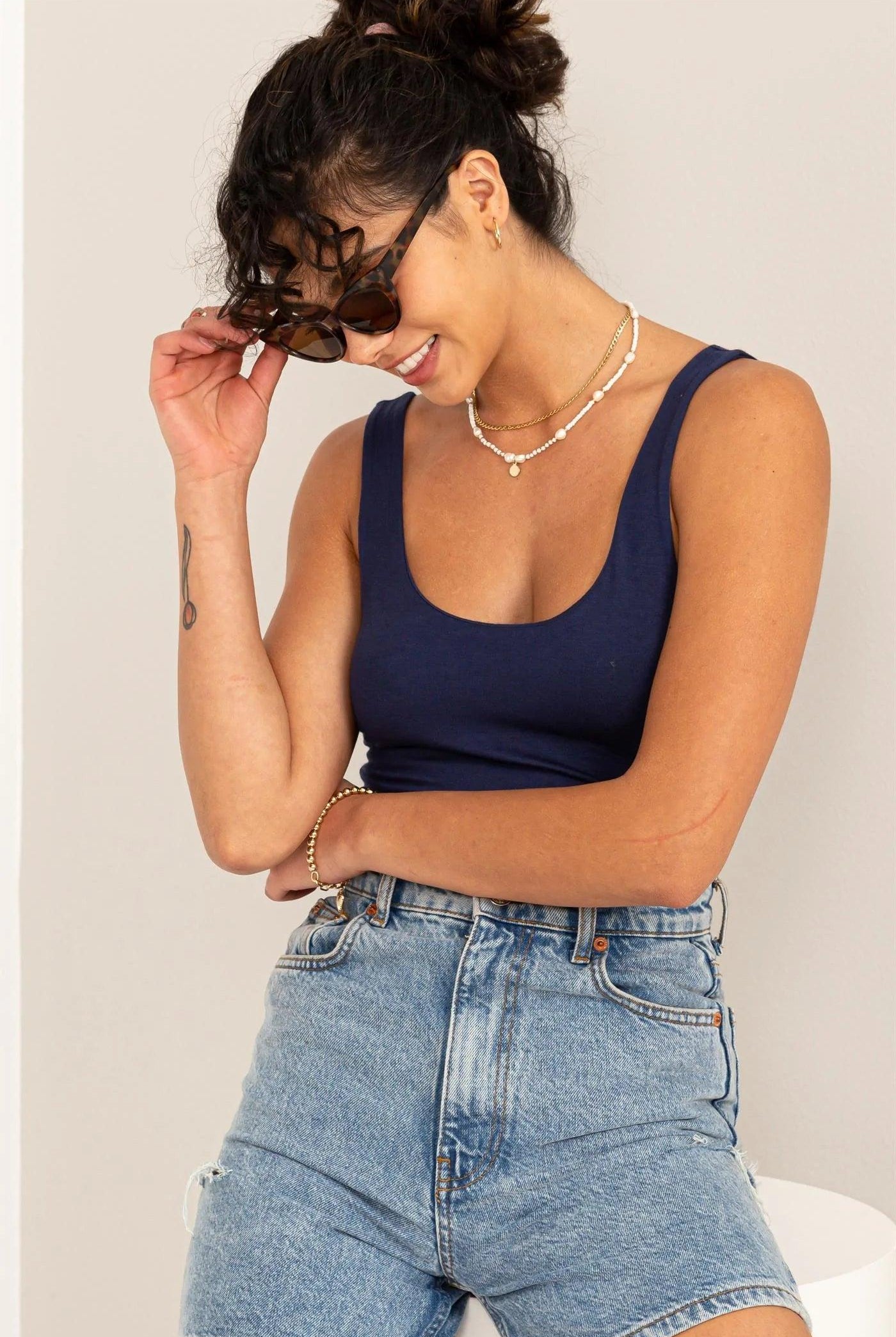 Hyfve Double Zero Hearts Align Scoop Neck Tank Bodysuit In Dark Night-Camis/Tanks-Hyfve-Deja Nu Boutique, Women's Fashion Boutique in Lampasas, Texas