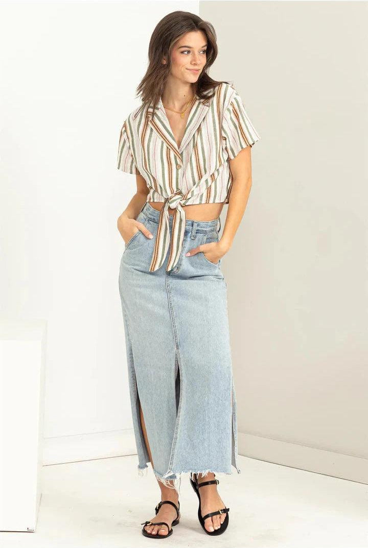 Hyfve Double Zero Mine For The Summer Stripe-Print Cropped Shirt-Tops-Hyfve-Deja Nu Boutique, Women's Fashion Boutique in Lampasas, Texas