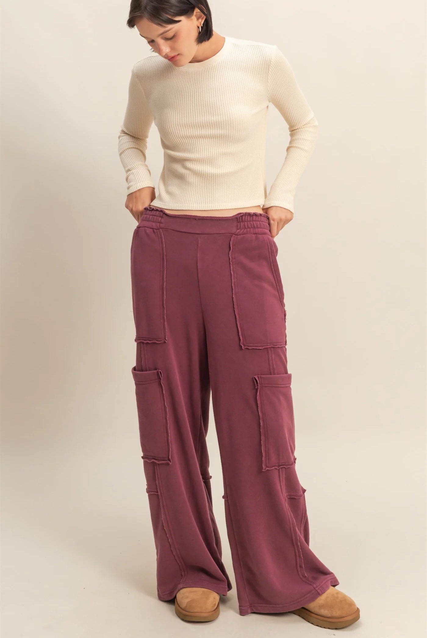 Hyfve Double Zero Mineral Washed Utility Sweatpants in Dark Cherry-Bottoms-Hyfve-Deja Nu Boutique, Women's Fashion Boutique in Lampasas, Texas