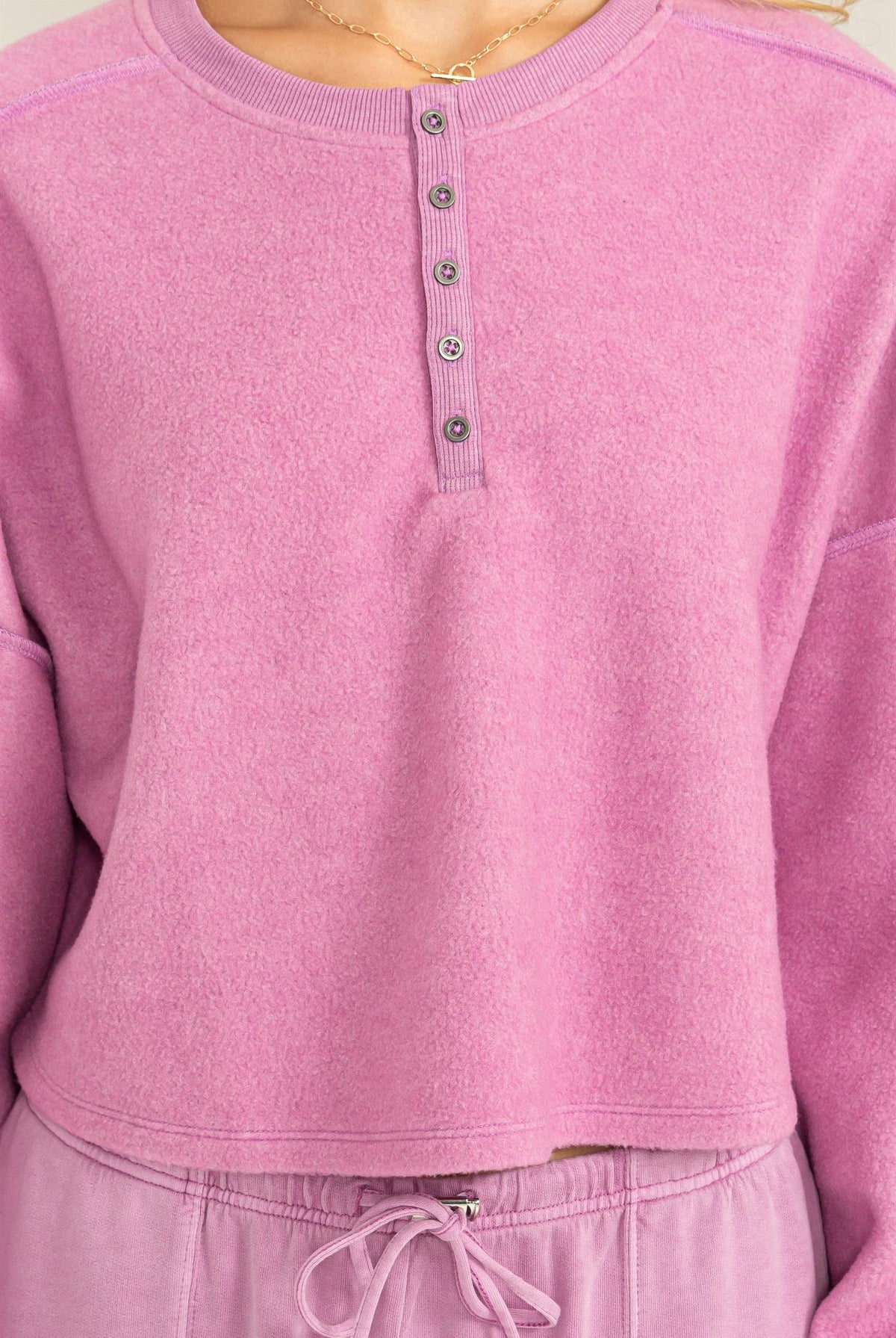 Hyfve Double Zero Mood Setter Cropped Henley Sweatshirt In Vintage Plum-Sweaters-Hyfve-Deja Nu Boutique, Women's Fashion Boutique in Lampasas, Texas