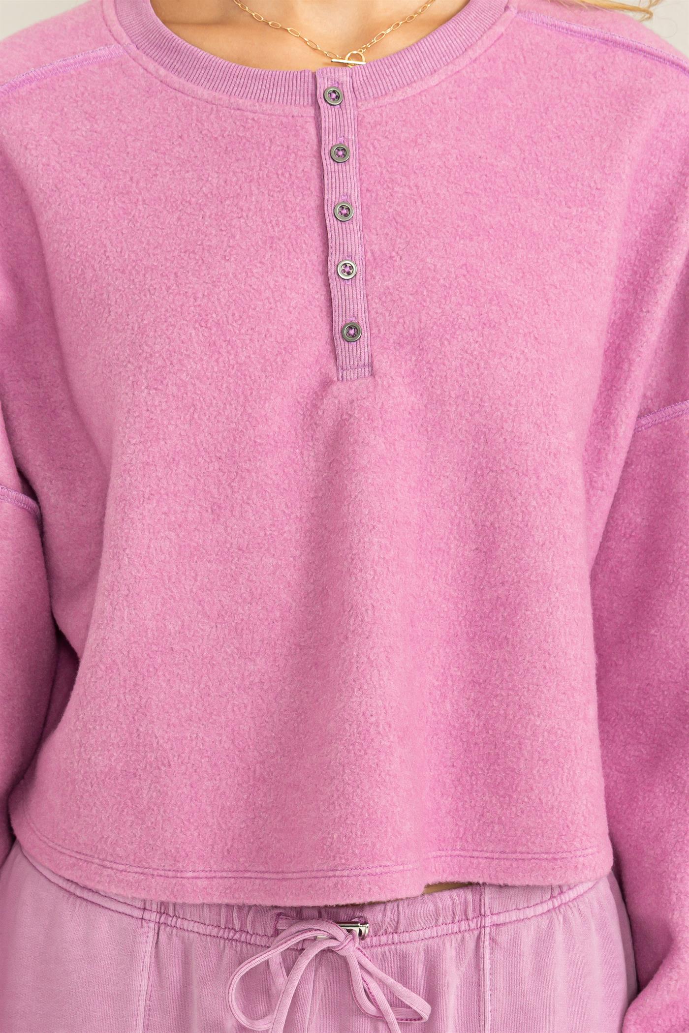 Hyfve Double Zero Mood Setter Cropped Henley Sweatshirt In Vintage Plum-Sweaters-Hyfve-Deja Nu Boutique, Women's Fashion Boutique in Lampasas, Texas