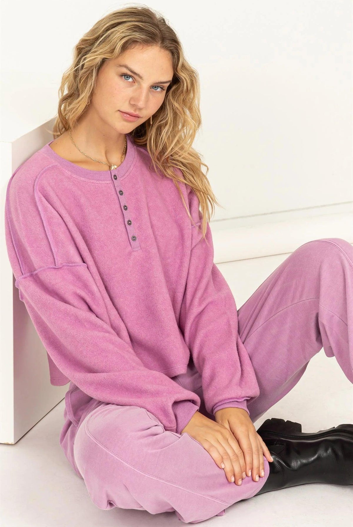 Hyfve Double Zero Mood Setter Cropped Henley Sweatshirt In Vintage Plum-Sweaters-Hyfve-Deja Nu Boutique, Women's Fashion Boutique in Lampasas, Texas