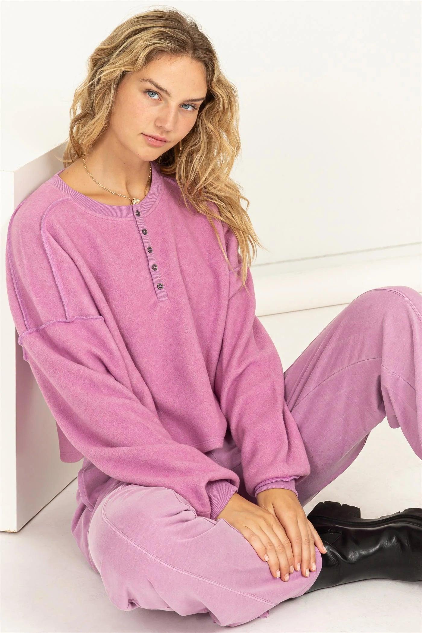 Hyfve Double Zero Mood Setter Cropped Henley Sweatshirt In Vintage Plum-Sweaters-Hyfve-Deja Nu Boutique, Women's Fashion Boutique in Lampasas, Texas