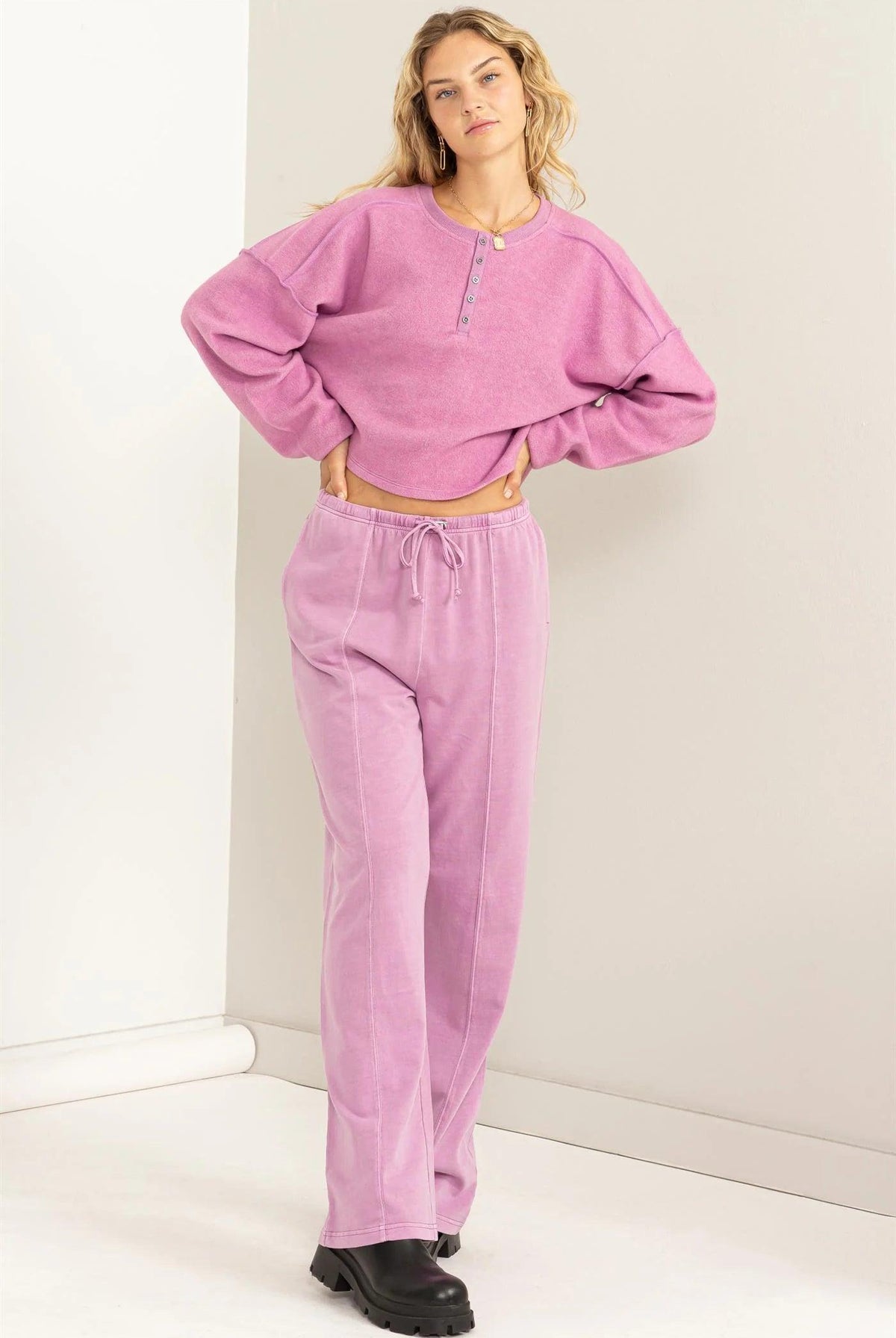 Hyfve Double Zero Mood Setter Cropped Henley Sweatshirt In Vintage Plum-Sweaters-Hyfve-Deja Nu Boutique, Women's Fashion Boutique in Lampasas, Texas