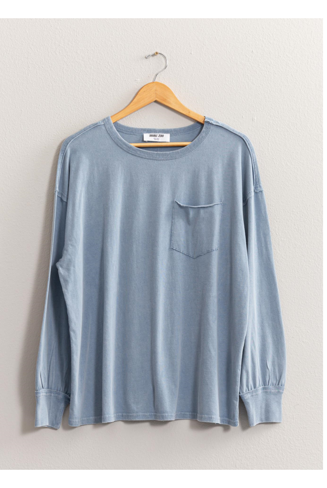 Hyfve Double Zero Oversized Washed Long Sleeve Pocket Tee In Grey Blue-Tops-Hyfve-Deja Nu Boutique, Women's Fashion Boutique in Lampasas, Texas