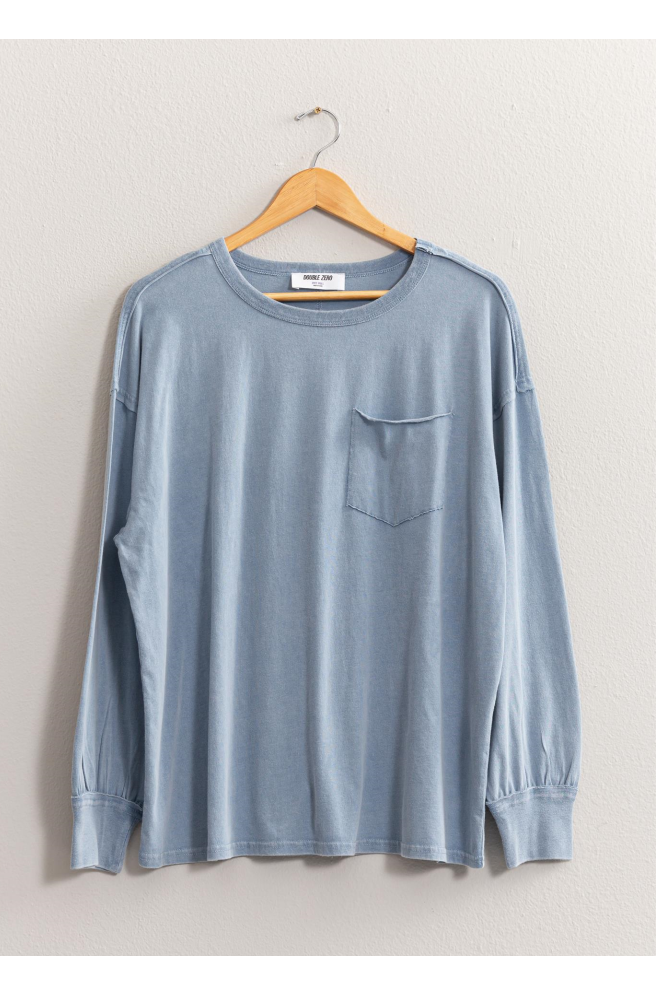 Hyfve Double Zero Oversized Washed Long Sleeve Pocket Tee In Grey Blue-Tops-Hyfve-Deja Nu Boutique, Women's Fashion Boutique in Lampasas, Texas