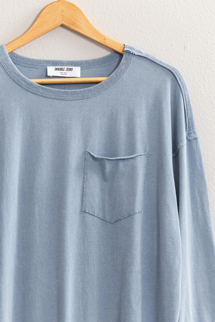 Hyfve Double Zero Oversized Washed Long Sleeve Pocket Tee In Grey Blue-Tops-Hyfve-Deja Nu Boutique, Women's Fashion Boutique in Lampasas, Texas