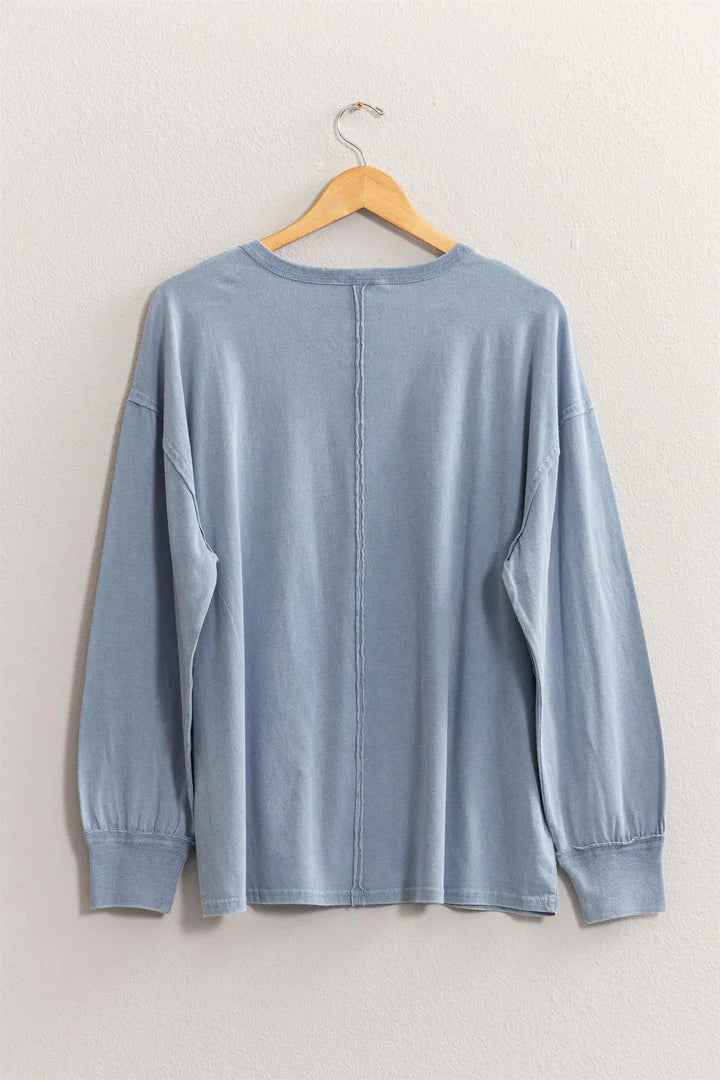 Hyfve Double Zero Oversized Washed Long Sleeve Pocket Tee In Grey Blue-Tops-Hyfve-Deja Nu Boutique, Women's Fashion Boutique in Lampasas, Texas