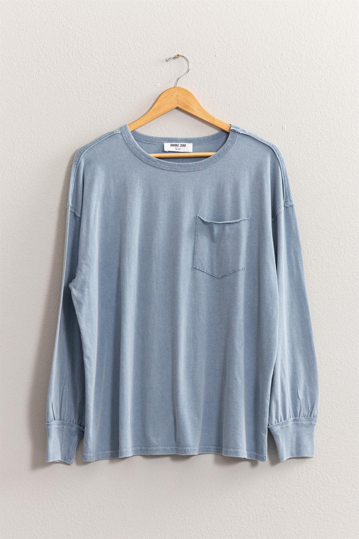 Hyfve Double Zero Oversized Washed Long Sleeve Pocket Tee In Grey Blue-Tops-Hyfve-Deja Nu Boutique, Women's Fashion Boutique in Lampasas, Texas