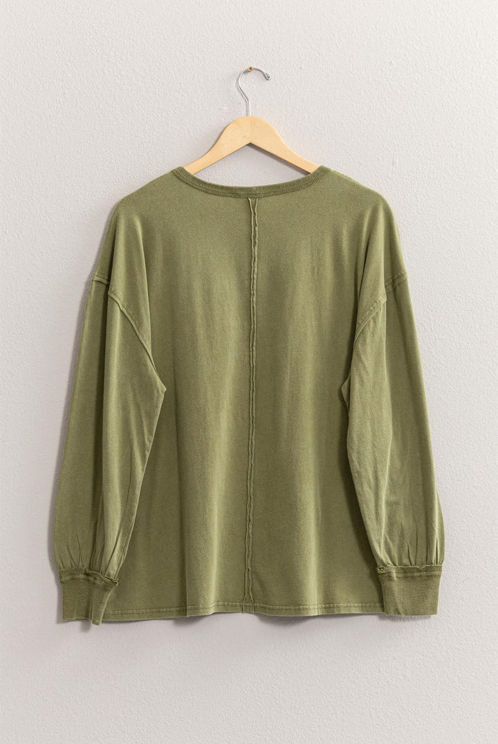 Hyfve Double Zero Oversized Washed Long Sleeve Pocket Tee In Moss-Tops-Hyfve-Deja Nu Boutique, Women's Fashion Boutique in Lampasas, Texas