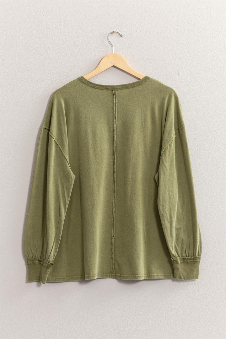 Hyfve Double Zero Oversized Washed Long Sleeve Pocket Tee In Moss-Tops-Hyfve-Deja Nu Boutique, Women's Fashion Boutique in Lampasas, Texas