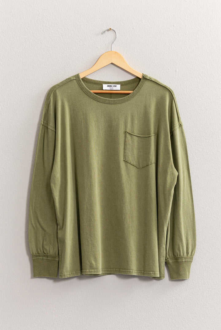 Hyfve Double Zero Oversized Washed Long Sleeve Pocket Tee In Moss-Tops-Hyfve-Deja Nu Boutique, Women's Fashion Boutique in Lampasas, Texas