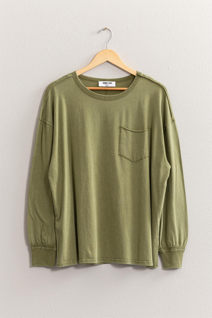 Hyfve Double Zero Oversized Washed Long Sleeve Pocket Tee In Moss-Tops-Hyfve-Deja Nu Boutique, Women's Fashion Boutique in Lampasas, Texas
