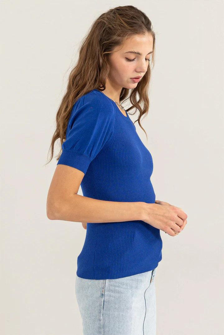 Hyfve Double Zero Ribbed Puff Sleeve Knit Top In Cobalt-Tops-Hyfve-Deja Nu Boutique, Women's Fashion Boutique in Lampasas, Texas