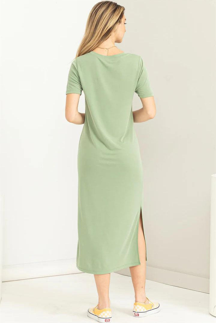 Hyfve Double Zero Sun’s Out V Neck Short Sleeve Midi Dress In Matt Olive-Midi Dresses-Hyfve-Deja Nu Boutique, Women's Fashion Boutique in Lampasas, Texas