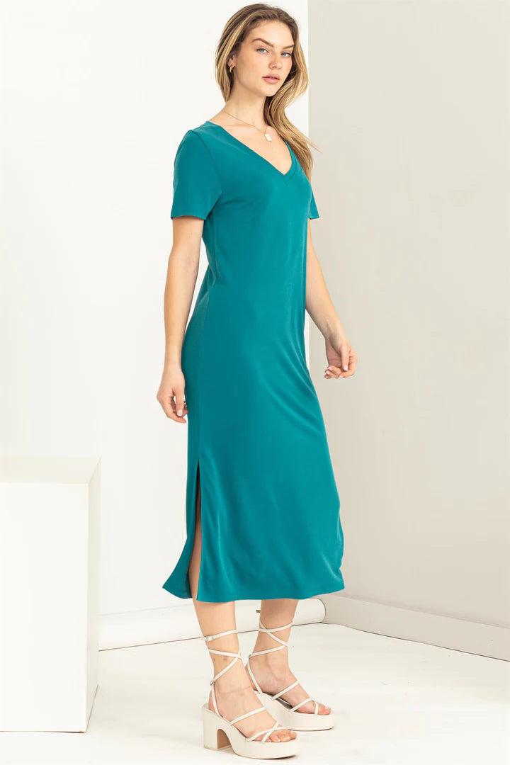 Hyfve Double Zero Sun’s Out V Neck Short Sleeve Midi Dress In Teal-Midi Dresses-Hyfve-Deja Nu Boutique, Women's Fashion Boutique in Lampasas, Texas